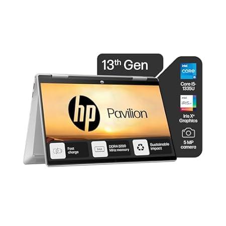 HP Pavilion x360, 13th Gen Intel Core i5-1335U,16GB DDR4, 512GB SSD, (Win11,Office 21, Silver,1.51kg), Touchscreen, 14-inch(35.6cm), FHD Laptop, Iris Xe, FPR, 5MP Camera, Backlit KB, Pen, ek1074TU